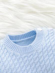 Baby Girls' Bow & Ruffle Trim Knitted Jumpsuit,Blue And White,Autumn,Elegant,Family Matching,Soft Sweater Romper Outfit For Daily Wear,Fall Winter - Blue - View 3
