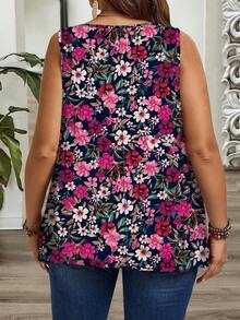SHEIN CURVE+ Curve Plus Size/Autumn Clothes /Fall Women Clothes/Winter Clothes For Women/Winter ClothesPlus Size Casual Sleeveless Camisole, Versatile Vintage Floral Print Loose Fit Wide Strap Pleated Camisole Top, Suitable For Spring & Summer Suitable For Going Outfall Clothes For Women,Winter,CURVE PLUS - Multicolor - View 2