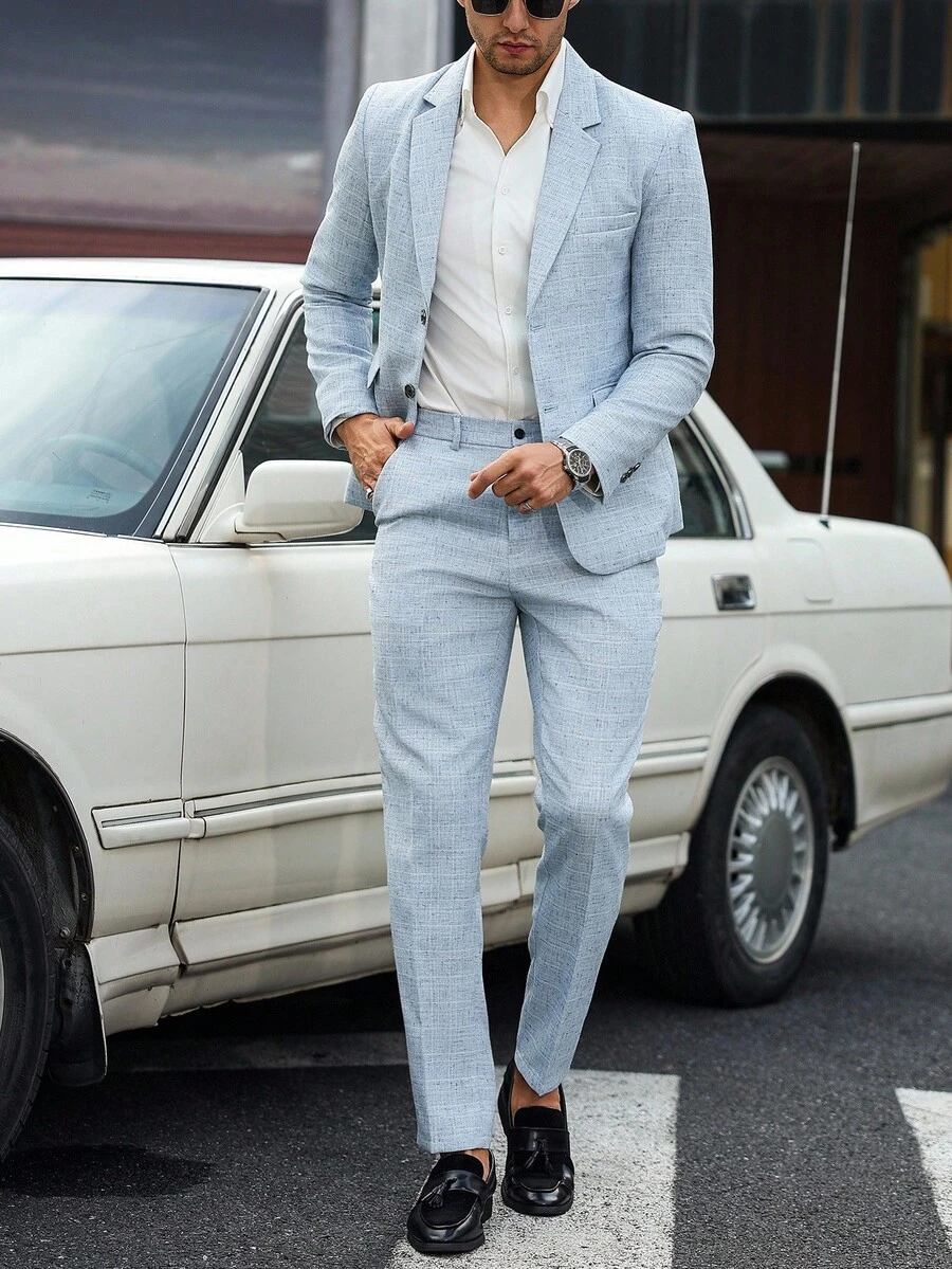 Manfinity Bizformal 男士商务休闲通勤翻领西装外套和裤子套装，浅蓝色西装夏季休闲西装，老款 - 淺藍色 - 查看 1