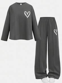 SHEIN Girlism Tween Girl Heart Print Crew Neck Long Sleeve T-Shirt And Wide Leg Pants Casual Set - Grey - View 8