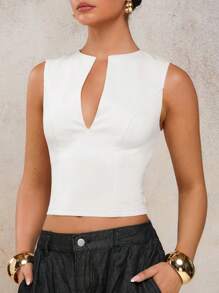 COSMINA Women's Casual Solid Color Slim Fit Sleeveless Top Deep V Neck Top - White - View 5