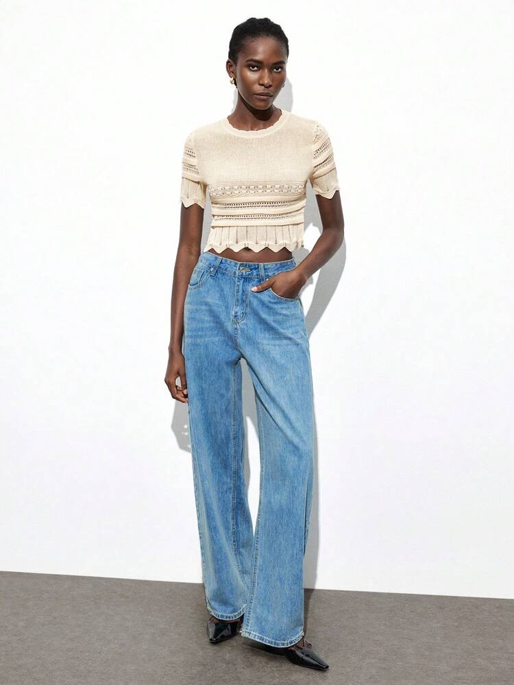 SHEIN Maija 여성용 캐주얼 반팔 크루넥 스웨터, 일상복 비치웨어 여성용 캐주얼 블라우스