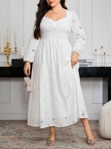 Modelyn Plus Size Women Hollow Embroidered Solid Color Slimming Elegant Dress Fall Cloth For Women - White - View 6