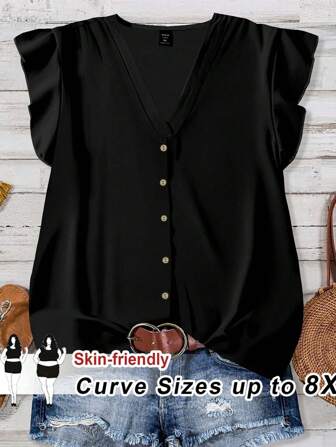 SHEIN CURVE+ Blusa negra holgada de cuello en V para mujer de talla grande, para uso diario, vacaciones y salidas, ideal para verano, otoño e invierno
