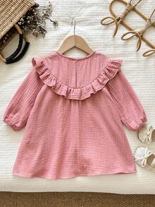 LMoss Kids LMoss Rochie casual pentru bebeluși cu țesătură, brodată, decolteu rotund, volane, mâneci bufante, rochie roz închis, rochie roz pentru bebeluși cu flori, rochie roz cu volane pentru fetițe, rochie vintage, Ținute de sărbătoare, Sărbătoare, Rochie roz, Rochii de toamnă, Haine de toamnă pentru fetițe, Iarnă - Roz - Vizualizare 3
