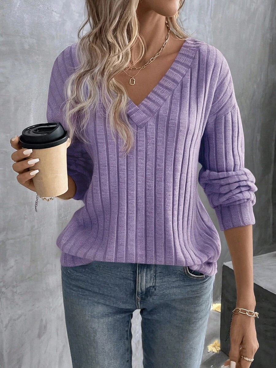 EMERY ROSE Women's Solid Color V-Neck Drop Shoulder Long Sleeve Ribbed Casual T-Shirt Fall Cloth For Women - Mauve Purple - View 1