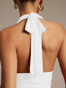 Hauture Women's Solid Color Deep V-Neck Cropped Fitted Sexy Halter Top - White - View 2