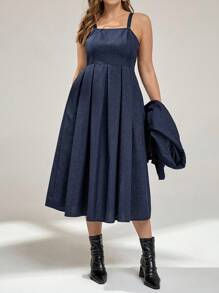 Auralis Plus Size Women's Navy Blue Summer Elegant Semi Formal Suit Set,Long-Sleeved Jacket & Suspender Dress,Business Casual Work Wear Office Fall Outfits - Blue - View 3