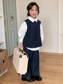 2件套 女童圆领韩版无袖衬衫背心+休闲牛仔裤套装 - 藍色 - 查看 8