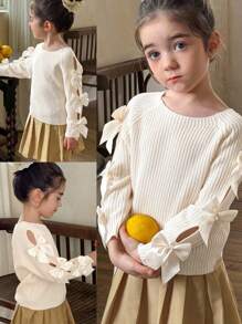 LMoss Kids LMoss Young Girl Solid Color Round Neck Bow Decor Casual Sweater, Fall Sweaters, Young Girl Fall Clothes Stitich Winter - White - View 10