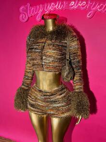 Slaydiva Women's Autumn Y2K Brown Striped Furry Texture Leopard Splicing Long Sleeve Cropped Top & Mini Shorts 2 Pieces Set, Nightclub Concert Party Outfit - Multicolor - View 3