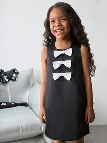 Maija Kids Maija Kids Young Girl Sleeveless Dress With Bow Decor Black Dress With White Bows Girls Black Dress With Bow Young Girls Black Dress With Bows Bow Dress Girls - Black - View 1