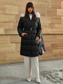 CLARA VERO Women's Solid Faux Fur Hooded Belted Elegant Midi Winter Coat - Black - View 5