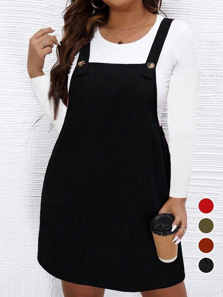 Plus Size Women's Black Woven Regular Elegant Corduroy Pinafore Dress
