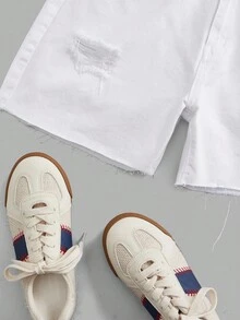SHEIN ICON Shorts jeans femininos de cor sólida, desgastados e com bainha desfiada - Branco - Ver 6