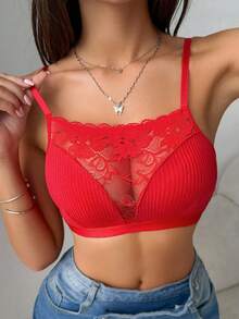 SHEIN Quần lót nữ thoải mái, có gân, họa tiết ren vá - Đỏ - Xem 3