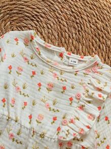 SHEIN Baby Girls' Ditsy Floral Jumpsuit, Soft Fabric, Comfortable, Long Sleeve, Suitable For Spring/Autumn, Cute Countryside Style - Multicolor - View 8