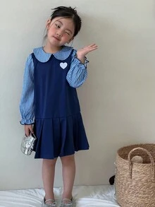 SHEIN 女童蓝色条纹撞色学院风长袖连衣裙，时尚优雅的学院风装扮 - 藍色 - 查看 8