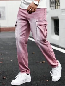 Manfinity Homme 男士休闲日常水洗翻盖口袋牛仔裤男士粉色牛仔裤粉色工装裤男士男朋友和丈夫款水洗修身度假裤 - 紅木色 - 查看 4