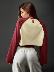 Missguided x Playboy 校园风长袖短款圆领棒球插肩袖休闲街头风做旧数字标志时尚运动衫秋冬 - 酒紅色 - 查看 2