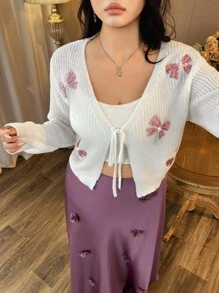 SHEIN Clasi 女式V领串珠蝴蝶结休闲针织开衫 - 白色 - 查看 3