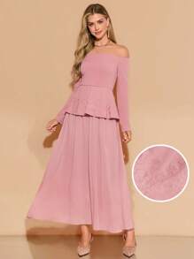Amorya Women's New Off Shoulder & Chiffon Skirt 2 Pieces Set, Pink, Elegant For Daily Wear, Autumn Elegant Midi Dress Pink Chic Autumn - Pink - View 8