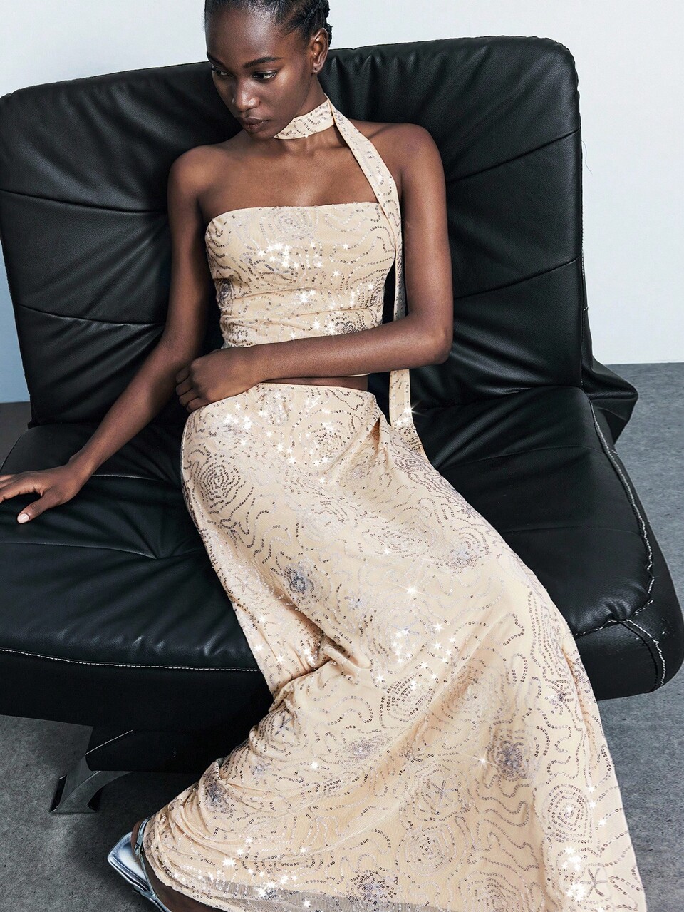 SHEIN Maija 2pcs/Set Women's Elegant Flowy Sequin Beaded Bandeau Tie Strap Dress,Cream Summer Dining Champagne Gold Two Piece Skirt Set,Wedding Guest Party Dress