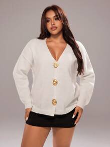 Rustia Shell Metal Button Solid Color Loose Knit Cardigan Winter Fall Autumn CASUAL - Apricot - View 5