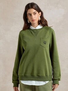Briarwyn 女士休闲圆领字母刺绣插肩袖运动衫 - 軍綠色 - 查看 2
