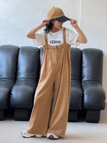 SHEIN Tween Girls Y2K Khaki Washed Oversize Baggy Wide Leg Denim Jumpsuit,Back-To-School Streetwear,Summer School Outfit,Autumn Winter Camel Casual Jeans - Khaki - View 3