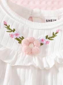 SHEIN 新款长袖新生儿婴儿米色圆领泡泡袖立体刺绣连衣裙可爱优雅简约舒适 - 白色 - 查看 7