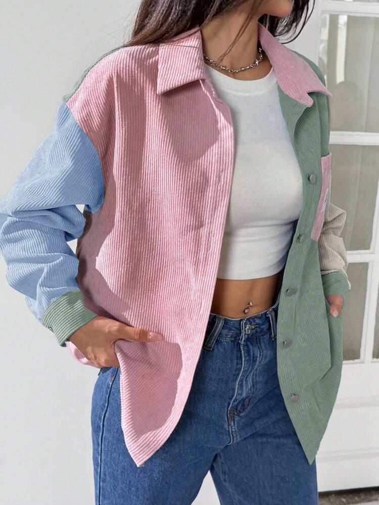 SHEIN EZwear 休闲多色落肩夹克，带口袋和衣领，适合日常穿着，灯芯绒夹克，女士夹克，秋冬拼色夹克 - 彩色 - 查看 8