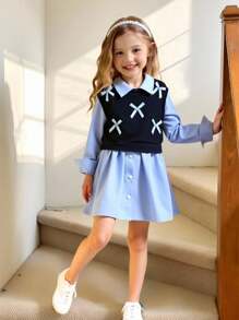 2 Piece Set Young Girls Fashion Stand Collar Blouse With Tie Bow Vest, Casual School Style Outfit, Suitable For Spring & Autumn Fall Winter - Royal Blue - View 3