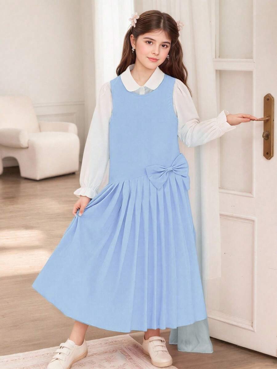 Tween Girl Bow Decor Pleated Hem Camisole Dress And White Shirt Set - Baby Blue - View 1