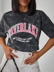 EURMUSE Acid Washed Printed Knitting Loose Short Sleeve T-Shirt - Black - View 4