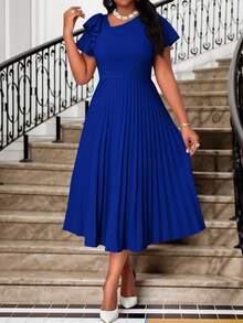 SHEIN Lady Váy midi tay ngắn dáng rộng cổ tròn xòe xếp ly tay dài thanh lịch cho tiệc cưới tiệc cocktail hòa nhạc/lễ hội âm nhạc mùa xuân và mùa hè - Xanh đậm - Xem 5
