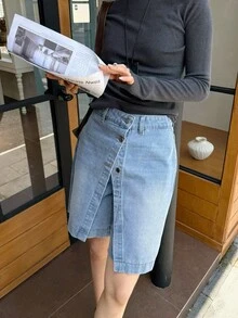 K-Vae 女士秋季复古牛仔蓝单排扣休闲宽松百搭牛仔阔腿裤/百慕大牛仔短裤，秋季，外出，商务休闲，复古风 - 淺色水洗藍 - 查看 2