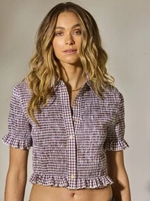 2026 Camisa de salida, oficina, maestra y concierto de campo con botones dorados a cuadros escoceses y de guinga, estilo de Estocolmo de otoño e invierno - Multicolor - Ver 7