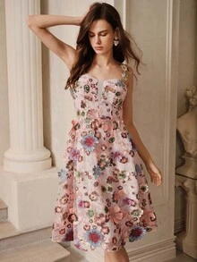 SHEIN Unity Váy lưới thêu hoa 3D cổ tròn không tay thời trang Pháp - Hồng - Xem 7