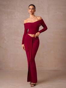 Lumalex Winter Fall 1pc Women's Open Shoulder Ruched Mesh Flare Sleeve Bodycon Two Pieces Set Outfit Two Piece Long Skirt Set Formal Luxury Prom Gathering Party Banquet Modest Old Money Glitter Holiday Party Rave Festival Outing Vacation Hot Outdoor Richly Layered Wedding Season Banquet ID Al-Adha Al-Adha Party New Year Looks Of Party Party Dress For Autumn - Redwood - View 8