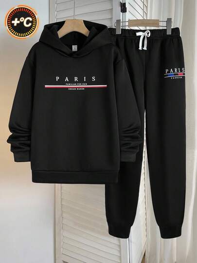 SHEIN Teen Boys Minimalist Contrast Color Print Hoodie And Pants Set, Casual Collegiate Style, Comfortable And Fashionable, Versatile For Daily Wear, School, Travel, Outdoor Sports, Suitable For Autumn/Winter Hoodie And Sweatpants Set Hoodie Set For Teens Tracksuit For Teen Boys 2 Pieces Teen Boys Hoodie And Sweatpants Paris Hoodie And Sweatpants Set Fall Autumn And Winter Tracksuit Jogging