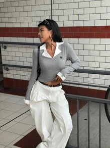 INAWLY 大码女式休闲修身长袖上衣，适合日常穿着 - 灰色 - 查看 5