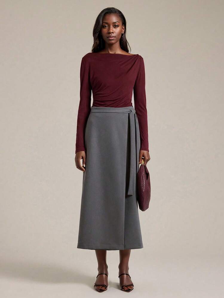 Elegant Style, Minimalist Design, Brushed Fabric, Grey Women's Fall Tie Front Straight Skirt, Suitable For Casual, Business Casual Wear In Autumn Modern Urban Casual Fashion Business Casual Women's Office Wear Low-Key Old Money Style Effortless Temperament High-End Urban Commuting Airport Women's Wear High-End Material Street Style, Sophisticated, Simple And Cool