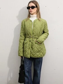 Aveloria Modichic Commuting Casual Diamond Pattern Stitched Metal Buckle Waist Belt, Slimming Women's Padded Padded Coat Clothes Winter  - Green - View 5