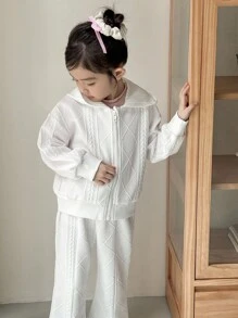 Genkimix Kids 两件套女童长袖连帽外套和宽松长裤套装，质感面料，适合秋季穿着，白色休闲返校日常穿着，秋冬季时尚百搭。 - 白色 - 查看 7