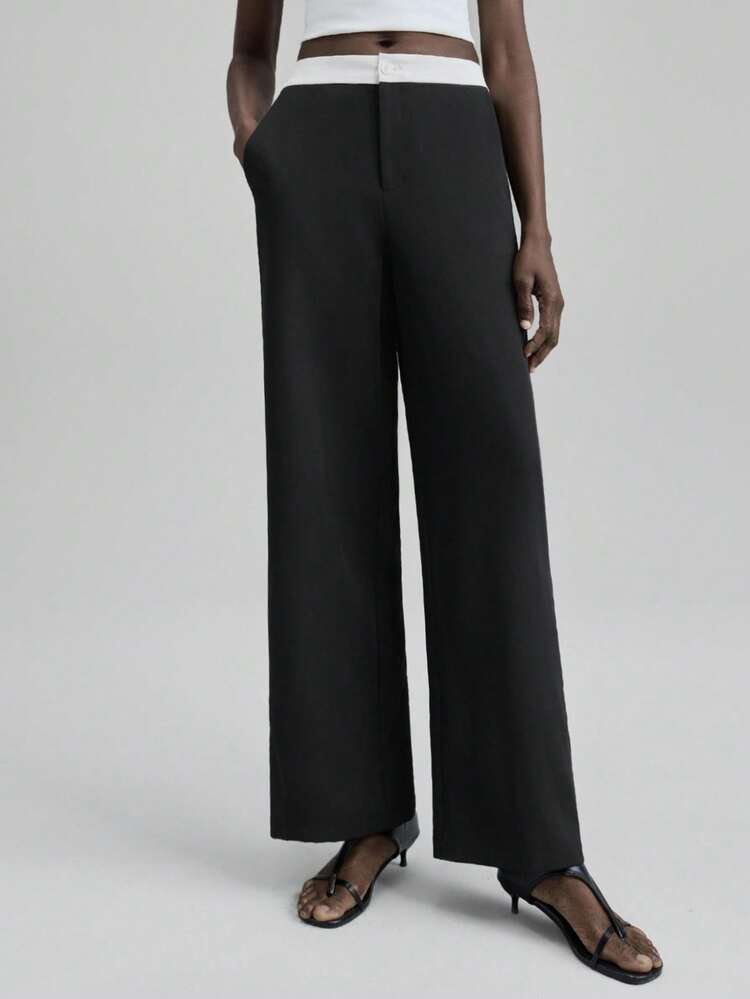 2025 New, Autumn/Winter Apparel, All Season Wear, Winter, Back To School Looks, Halloween & Christmas, Women's Teacher Attire, Outgoing, Women's Business Casual, All-Match Versatile Fashion Colorblock Waistband Straight Leg Suit Pants