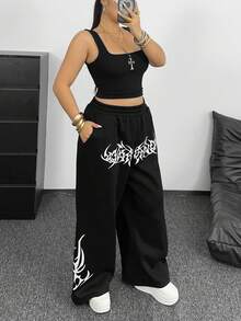 POPSWAY Pantalones jogger casuales de pierna recta y holgados con estampado floral gótico para mujer de talla grande, adecuados para graduación, regreso a la escuela, uniforme de maestro en otoño - Negro - Ver 6