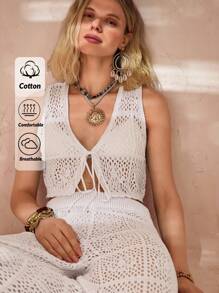 SHEIN Cottnline Cut Out Knitted Top And Pants Set, Perfect For Summer Beach Vacation And Casual - Apricot - View 1