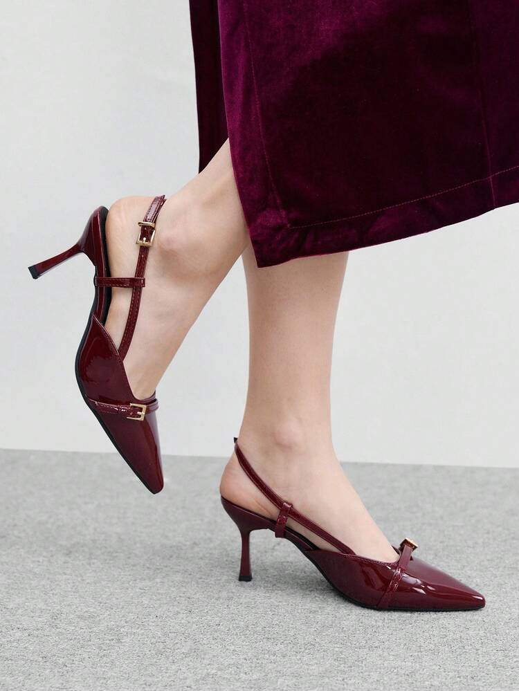 CUCCOO BIZCHIC Burgundy Pointed Toe Stiletto Heel Women's Pumps, Backless Sexy Slip-On Shoes For Commute, Party, Banquet For Christmas Spring Shoes