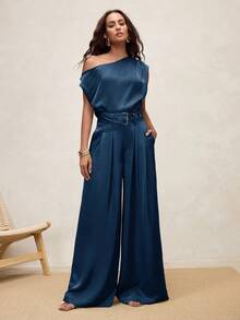 Arave Women's Elegant Satin Pleated Wide Leg Pants,Navy Blue Summer Office High-Waisted Solid Color Minimalist Long Pants For Fall Autumn Commuting - Blue - View 2